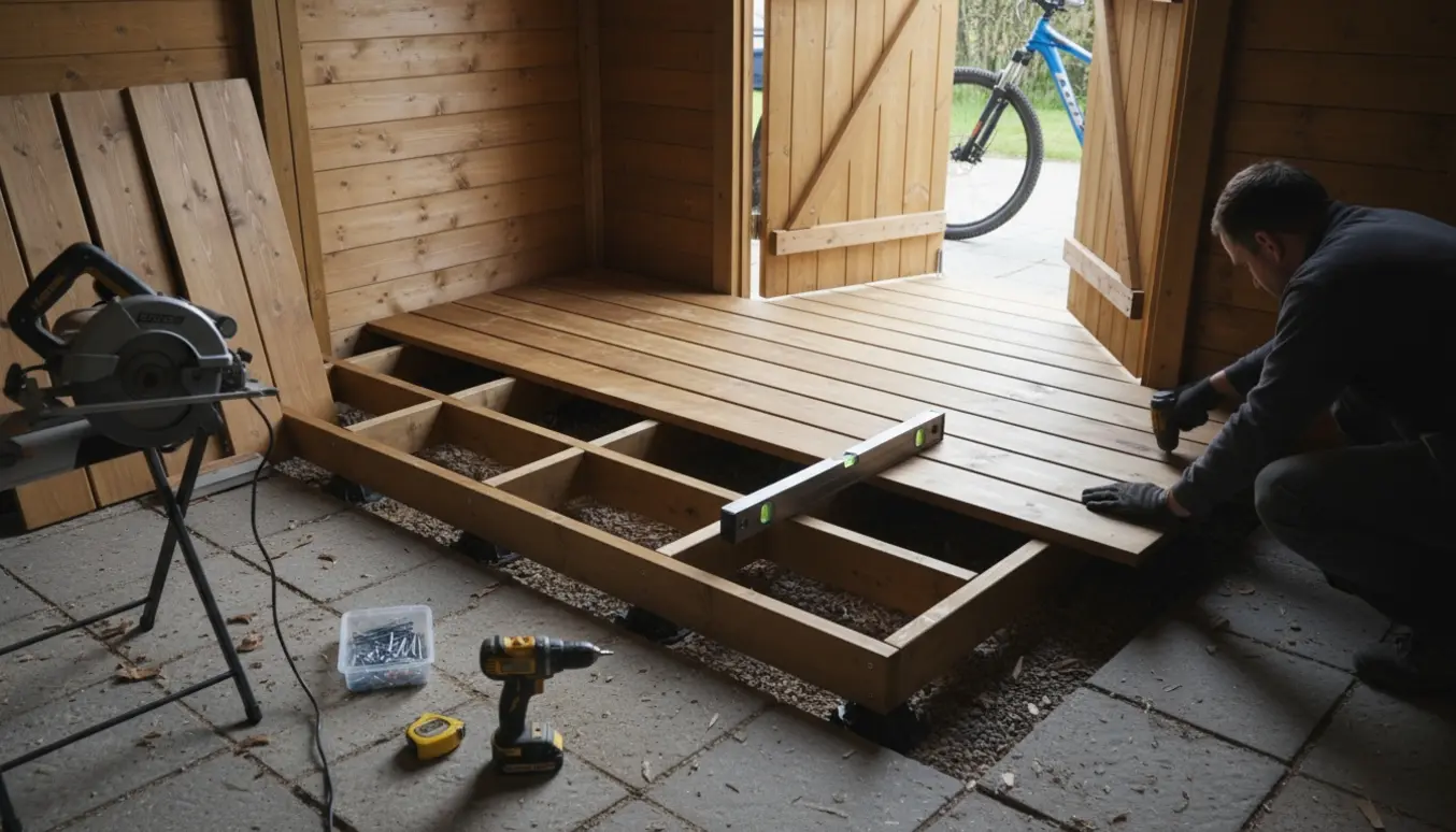 Nyt trægulv i et cykelskur med træramme og terrassplanker i niveau med de eksisterende fliser.