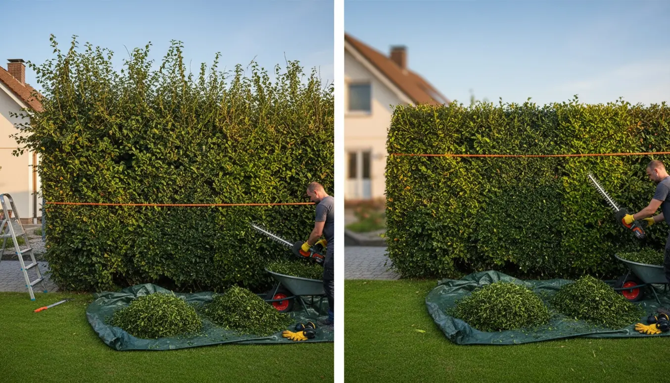 Ligusterhæk bliver beskåret i en villahave med en snor som højdeguide og tydeligt før-og-efter.