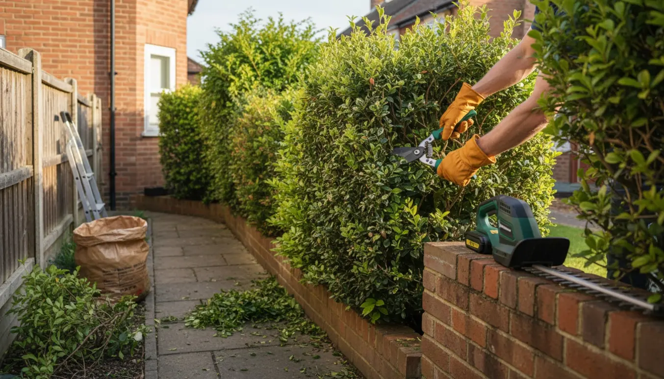 Nærbillede af en hæk ved et lille rækkehus, hvor handskerede hænder klipper ind i hækken med beskærersaks.