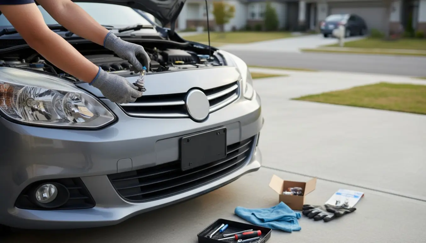 Hænder skifter forlygtepærer på en lille hatchback i en indkørsel med nye pærer og værktøj ved siden af.