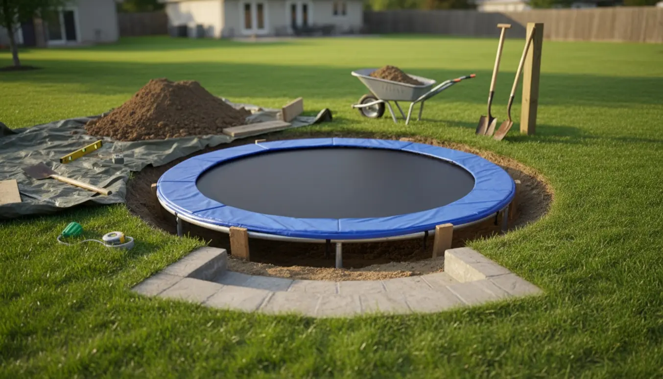 Solbelyst have med en rund trampolin delvist nedgravet i græsplænen, med værktøj og jord ved siden af.