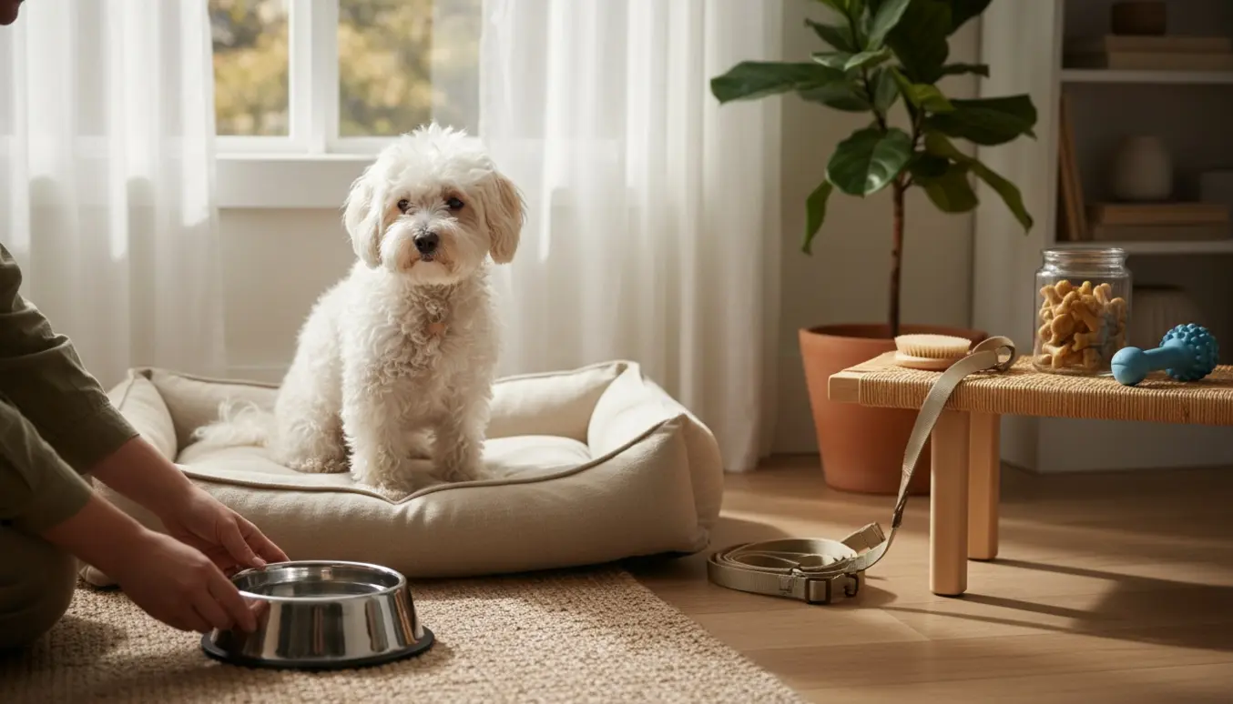 En fluffy hvid bomuldshund sidder roligt på en pude i et soloplyst hjem omgivet af hundeplejeudstyr og en hundepasser, hvor kun hænder er synlige.