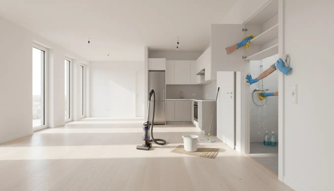 Tom lejlighed med ludbehandlede plankegulve under rengøring med støvsuger, moppe og åbne køkkenskabe.