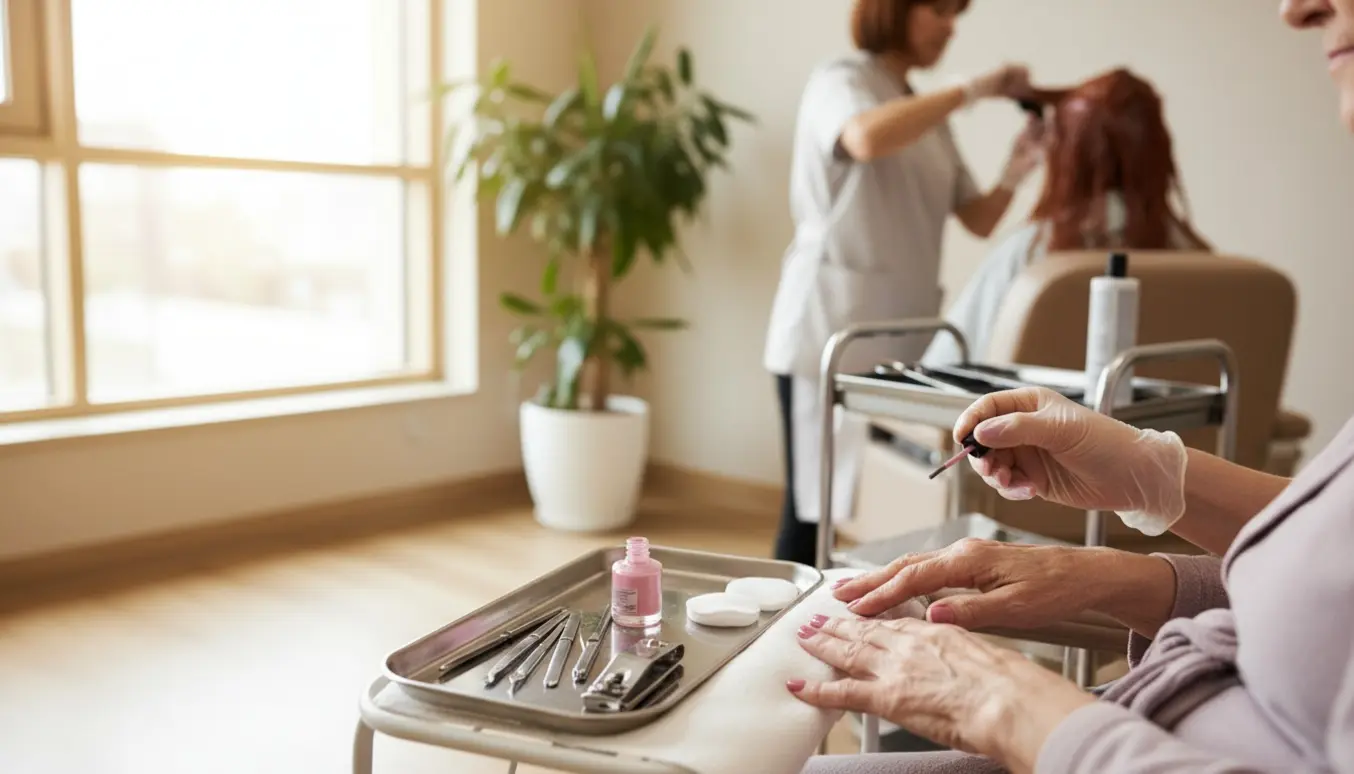 Ældre kvinde får farvet hår og lakeret negle i et lyst rehabiliteringscenter med fokus på hænderne og frisørens værktøj.