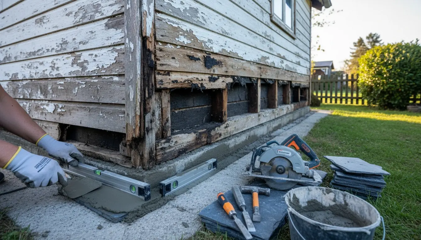 Udskiftning af råd i bunden af en træbeklædt kolonihavehus med skiferplader og betonsokkel.