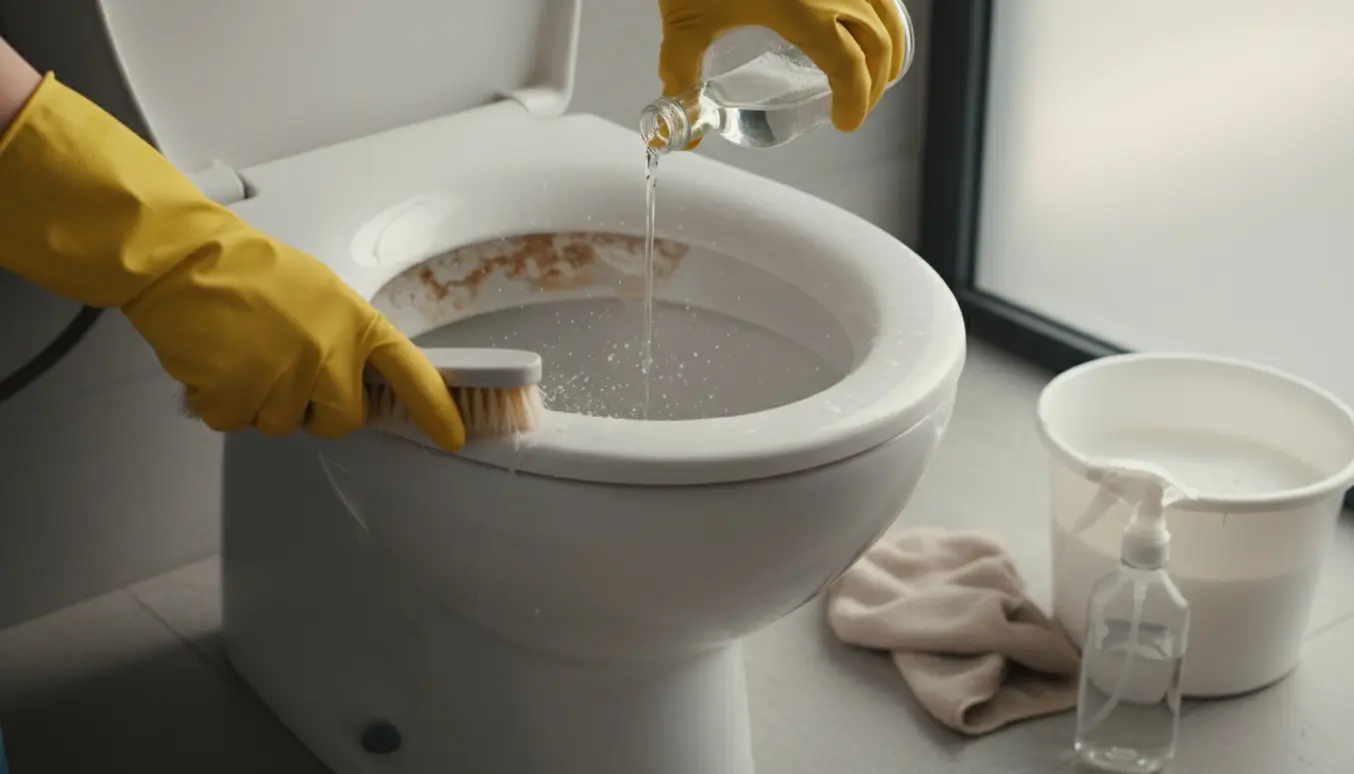 Hænder i gummihandsker skrubber kalk væk fra en toiletkumme med pumice og eddike.