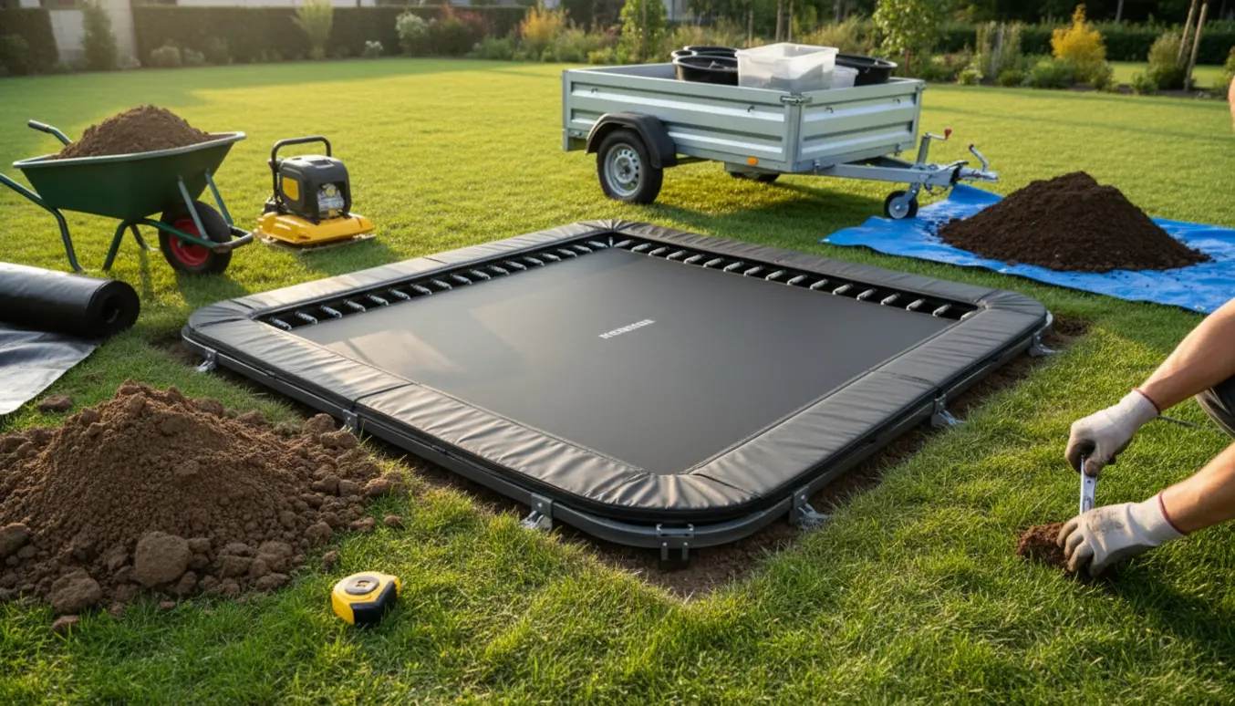 Nedgravning og opsætning af en stor flatground-trampolin i en have med værktøj og skovlet jord.