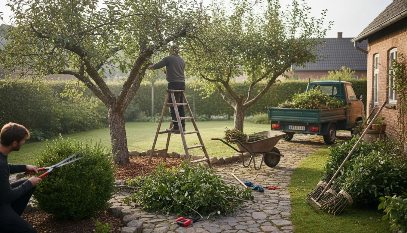 To personer beskærer frugttræer i en lille have med redskaber og bunke haveaffald klar til afhentning.