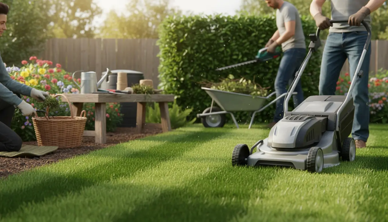 En solopvarmet baghave med nyslået græs, nyklippet hæk og håndlugning uden tydelige ansigter.