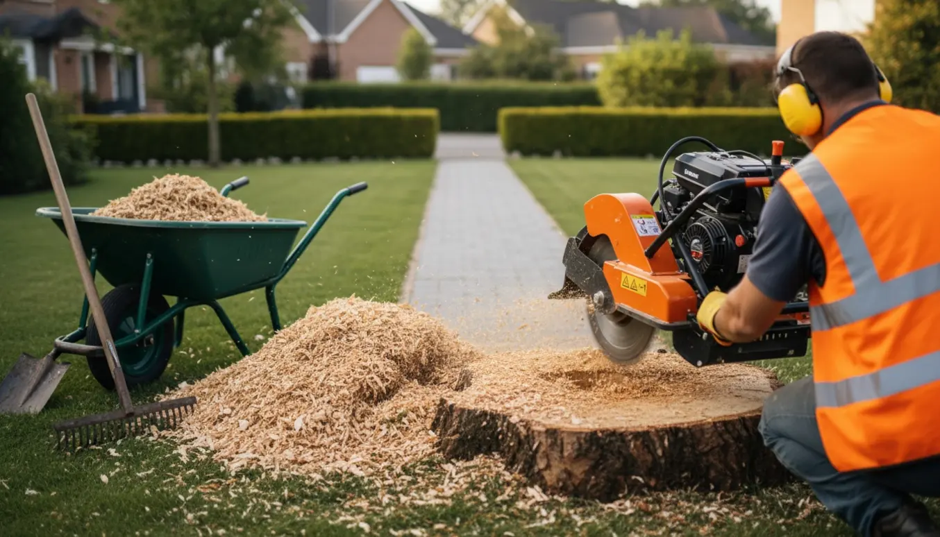 Stubbefræser i forhaven fjerner en japansk kirsebærstub med flis og værktøj ved siden af.