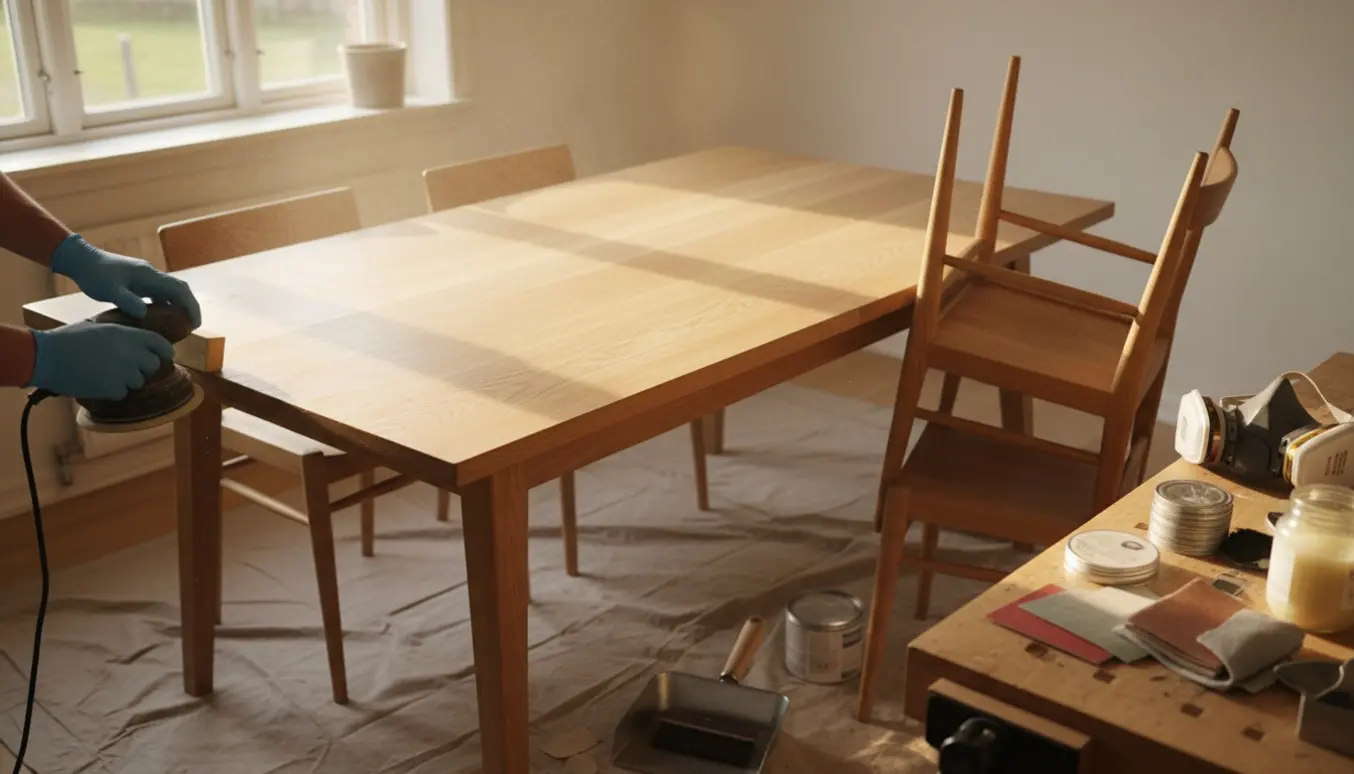 Delvist slebet massivt eget spisebord i Shaker-stil med slibemaskine, sandpapir og fire stole på beskyttende underlag i blødt dagslys.