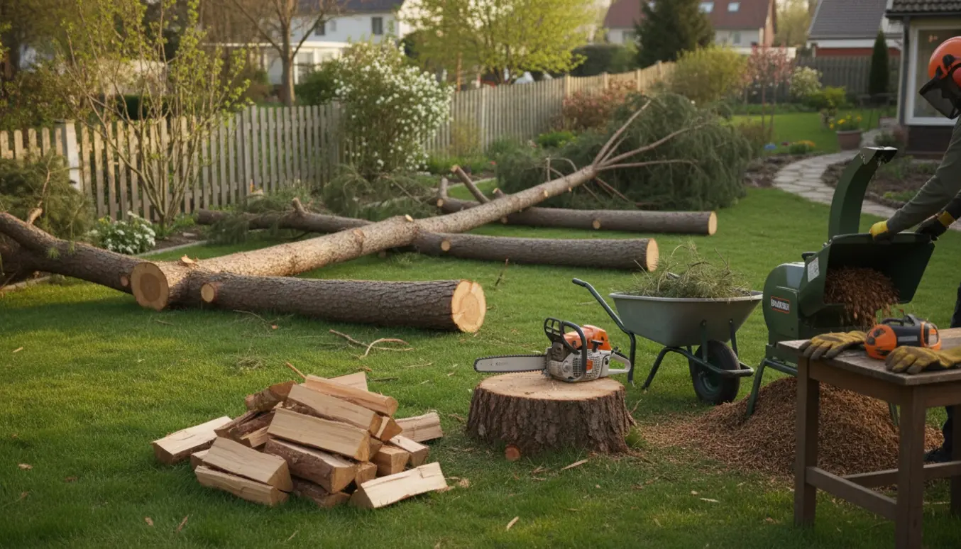 Fældede fyrretræer i en villahave med stak brænde, motorsav og flishugger.