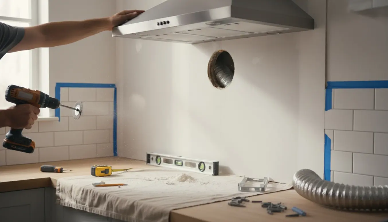 Montering af en emhætte i køkkenvæg med hul til aftræk og værktøj på bordet.