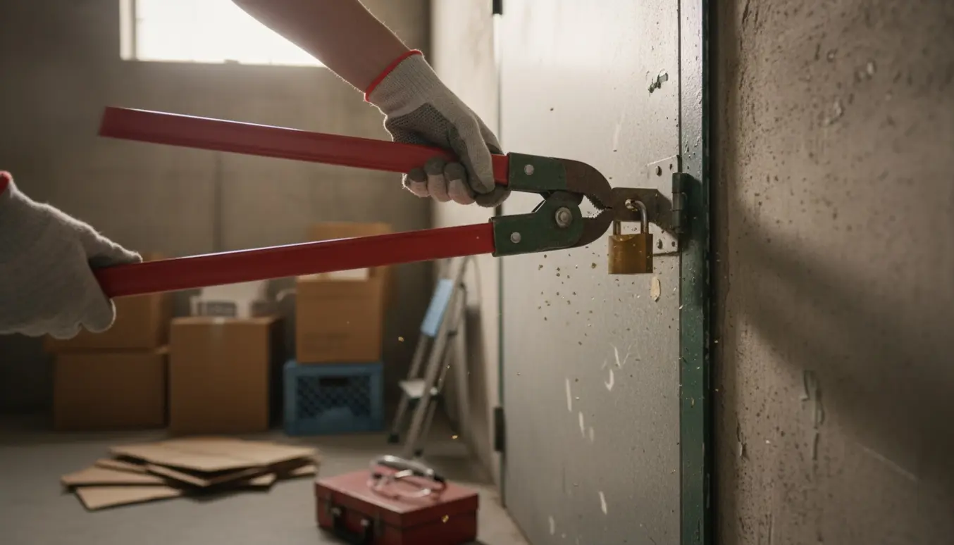 Nærbillede af handskeklædte hænder, der bruger en boltsaks til at klippe en lille hængelås af en kælderdørs hasp.
