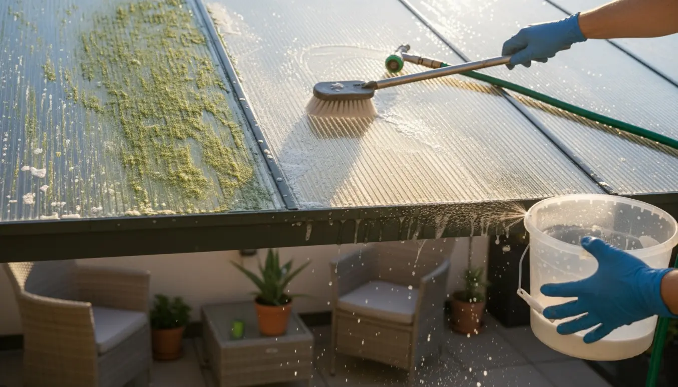 En person fjerner grønne alger fra et termotag af termoplader med en lang blød børste og spand.