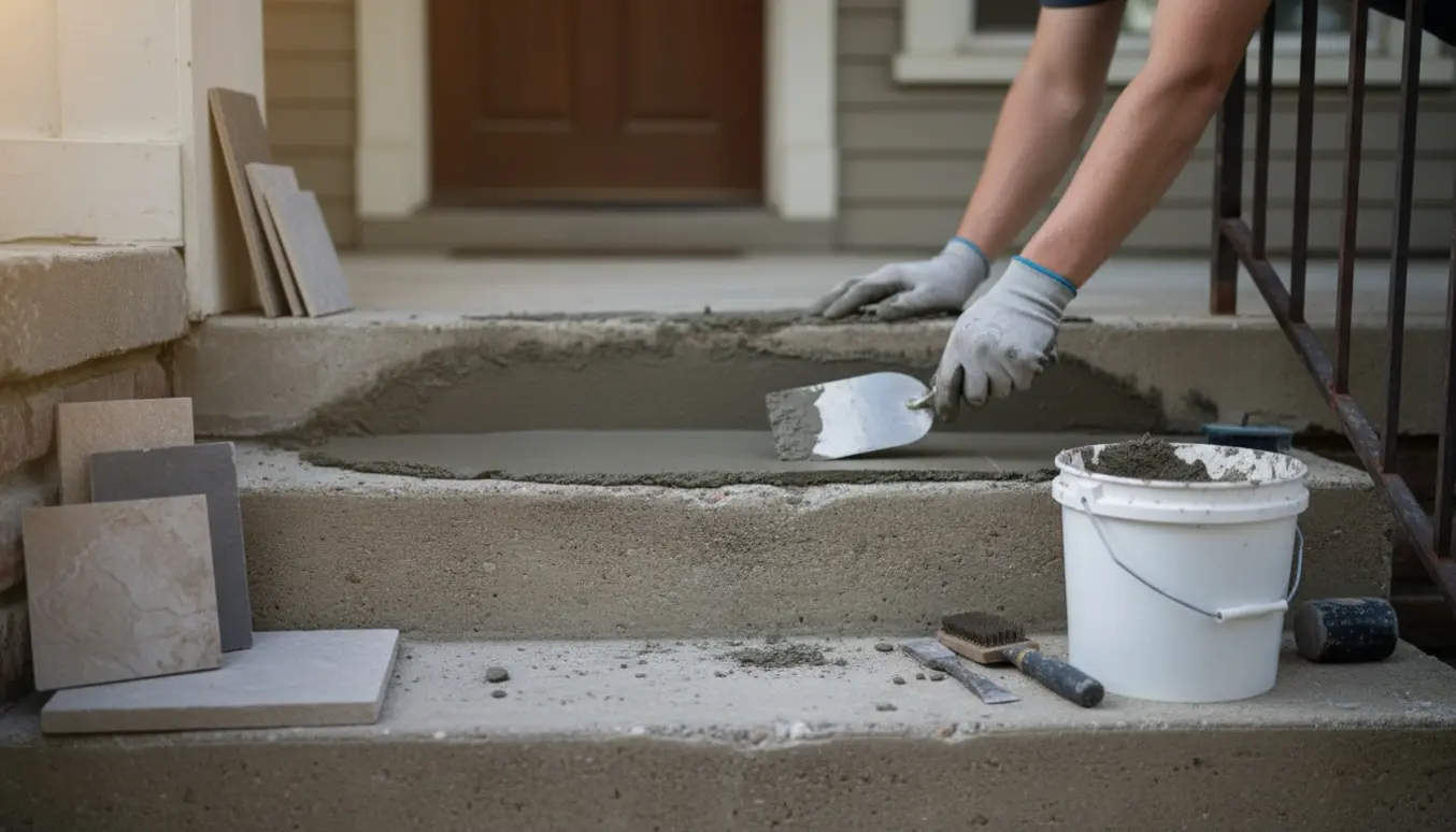 Nærbillede af en beton hovedtrappe under renovering med håndværktøj og frisk mørtel.