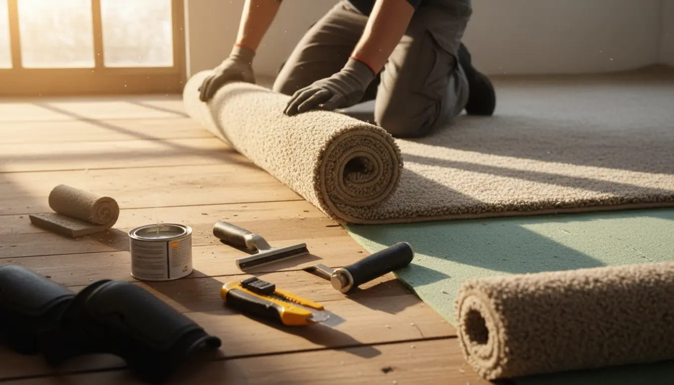 Hænder ruller gammelt gulvtæppe op, mens nyt gulvtæppe og værktøj ligger klar i et solbeskinnet rum.