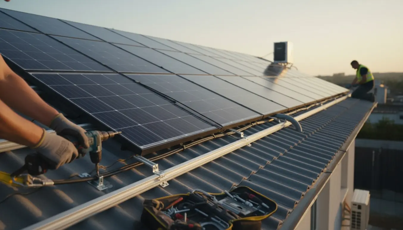 Montage af solcelleanlæg på eternittag med værktøj, kabler og et 10 kW batteri ved husets gavl.