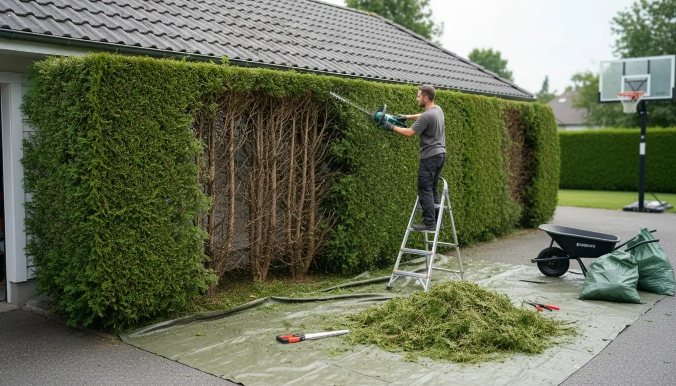 En person klipper toppen og tynder en lang thuja-hæk ved siden af en garage, med afklip samlet på en presenning og i sække.
