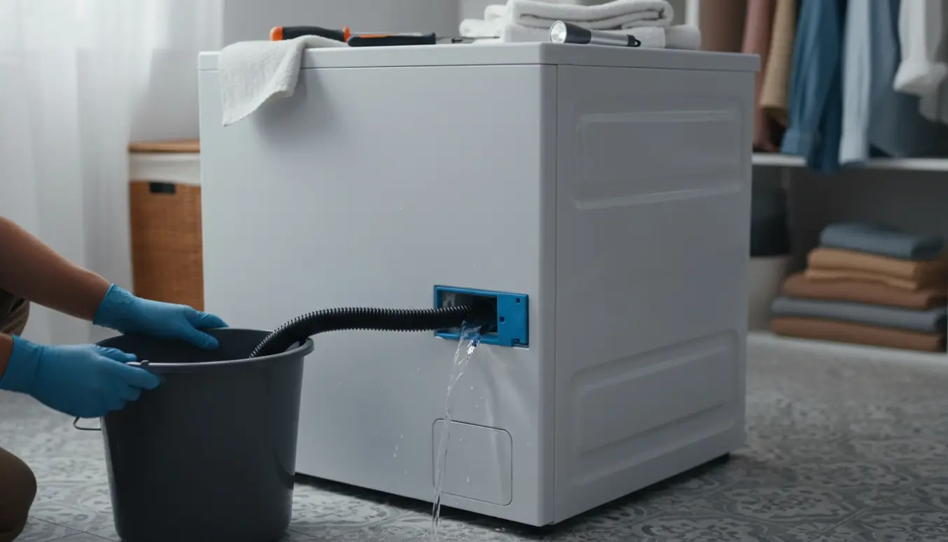 Nærbillede af hænder, der afvander en frontbetjent vaskemaskine med sort slange og forsøger at åbne det blå afløbslåg.