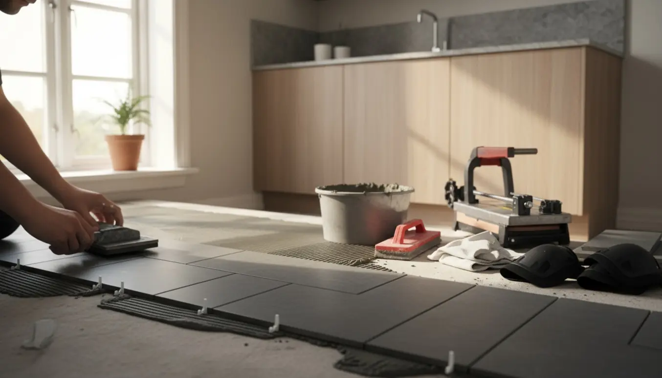 Nærbillede af fliselægning i et lille køkken i Østerbro med værktøj og delvist lagt gulv.