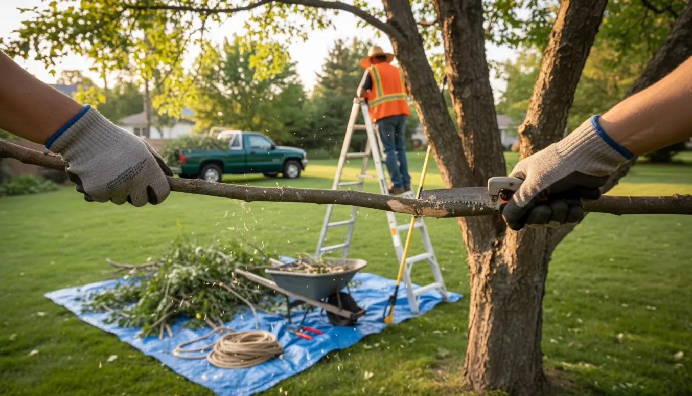 To træer beskæres i en solbeskinnet have med stige, værktøj og en bunke haveaffald klar til afhentning.