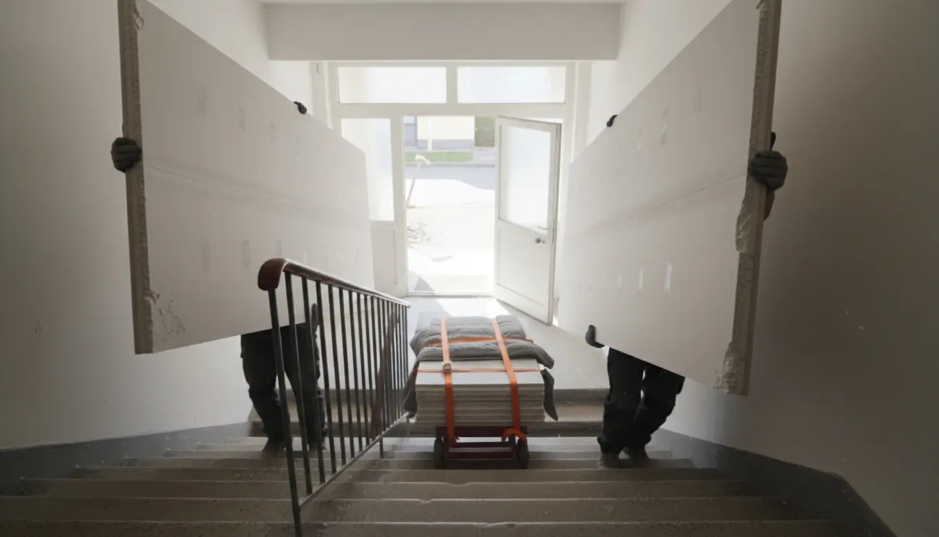 To flyttefolk bærer gipsplader op ad en trappe mod 4. sal.