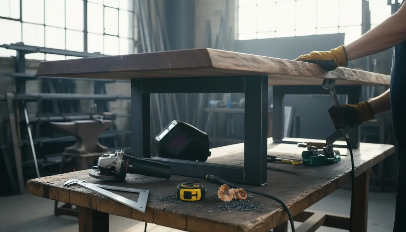 Et spisebord under fremstilling i et smedeværksted med træplade, metalben og værktøj.