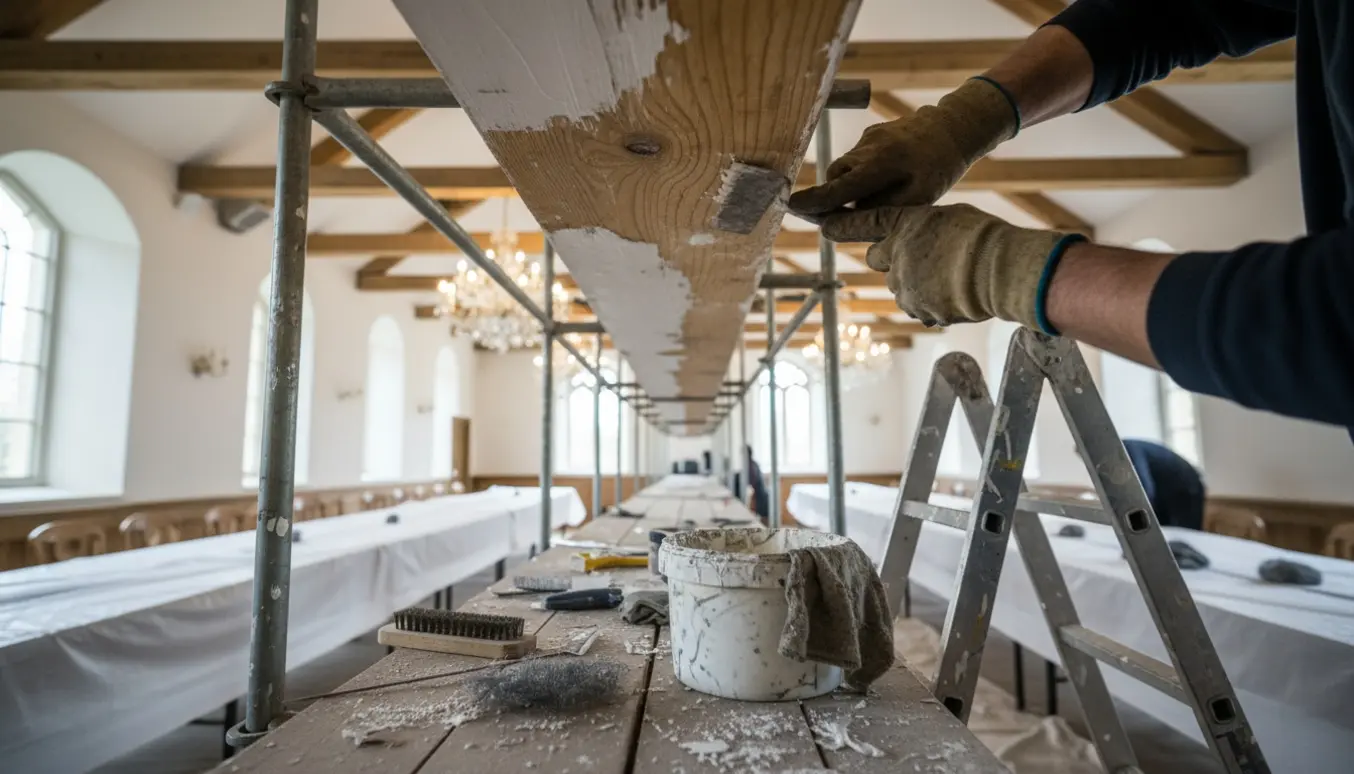 Handskeklædte hænder skraber hvid maling af loftsbjælker i en gildesal og afslører varmt træ.
