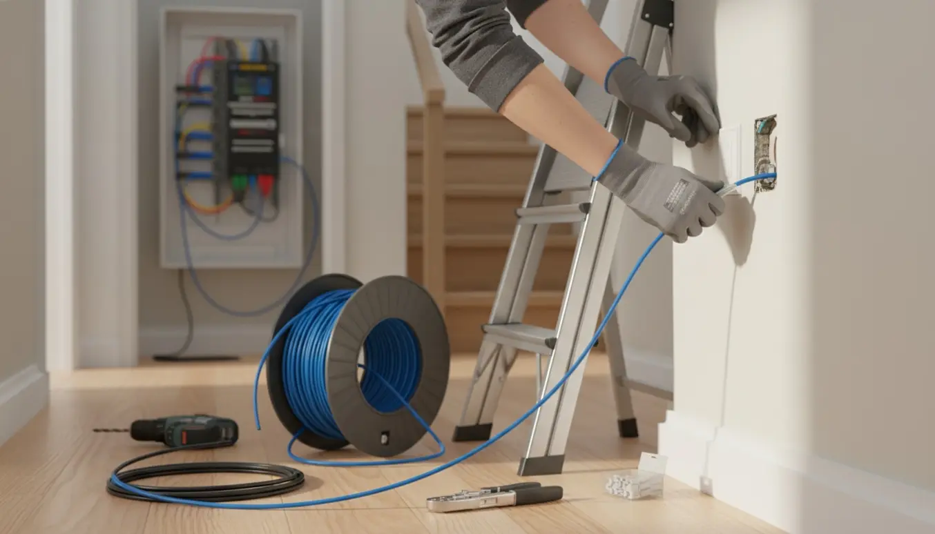 Hænder installerer Ethernet-kabel i et lyst, nyt hus og udskifter et gammelt antennestik.