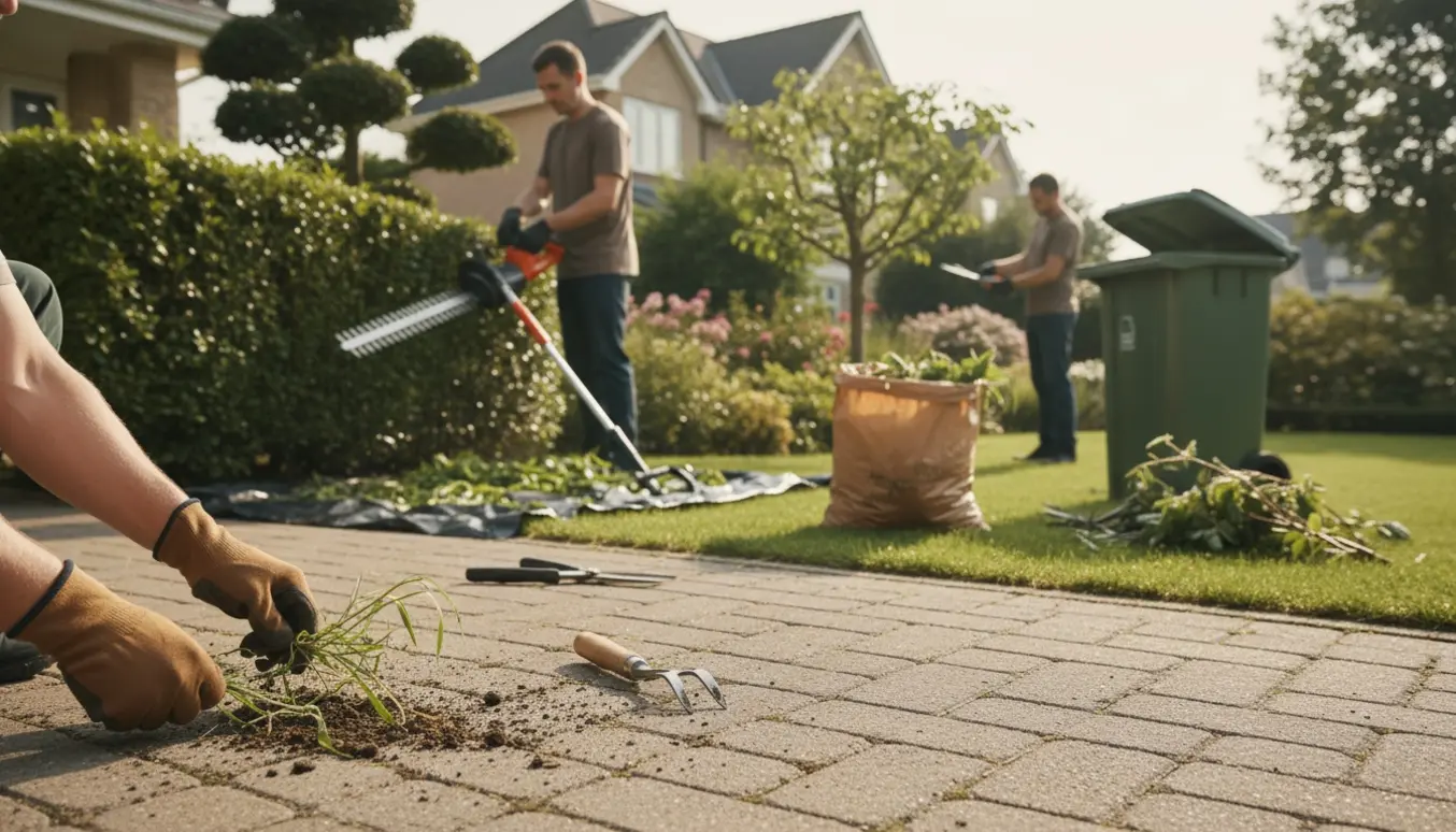 Havearbejde med ukrudtsfjernelse ved fliseindkørsel, hækklipning og beskæring af buske, med haveaffald i sække og en affaldsbeholder.