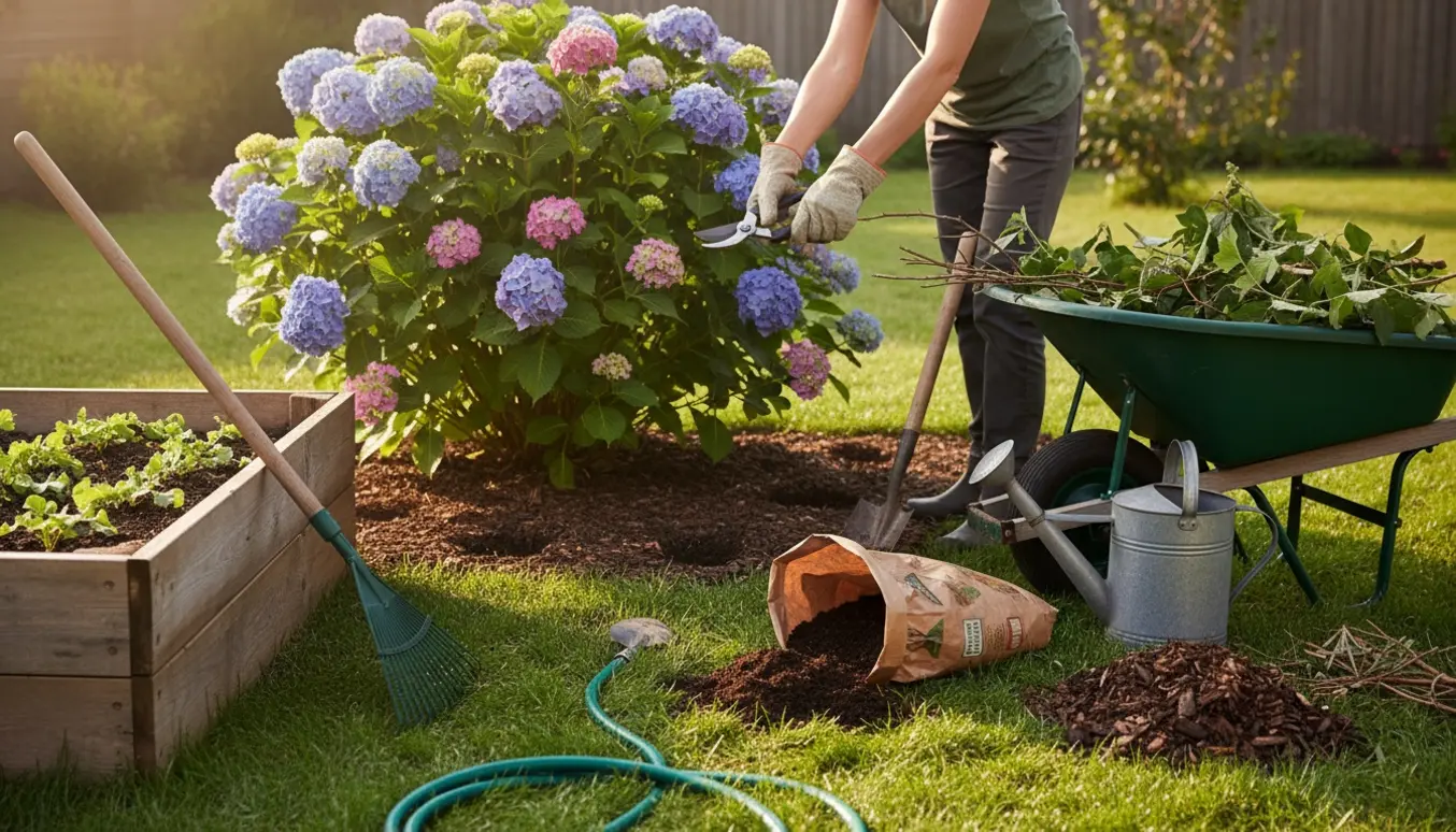 Hænder med havehandsker beskærer en busk i et velholdt baghavebed med trillebør, spade og vandkande i baggrunden.