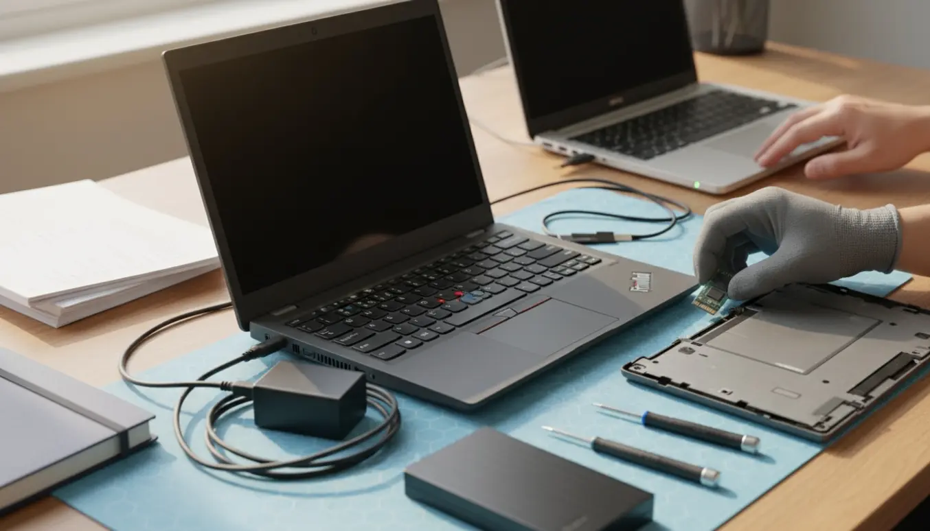 Åben mørkegrå laptop med udtrukket SSD, USB-adapter og værktøj på et skrivebord i naturligt dagslys.