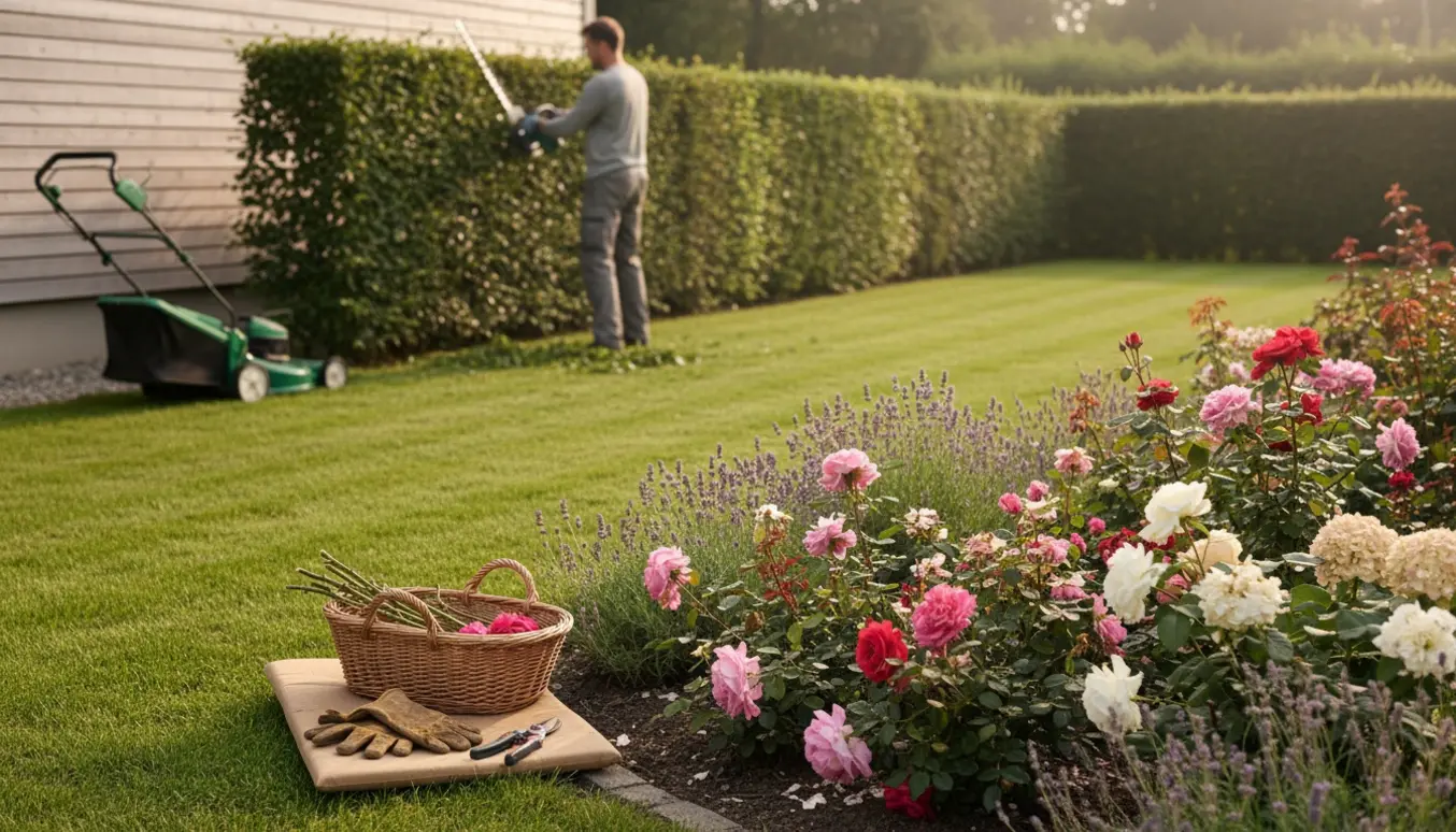 Nærfoto af nyslået græs, en person set bagfra trimmer hækken ved husets side og beskærer roser i blomsterbedet.