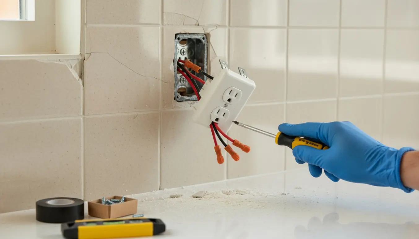 Løstsiddende stikkontakt hænger ude af en flisevæg med værktøj og handske klar til reparation.