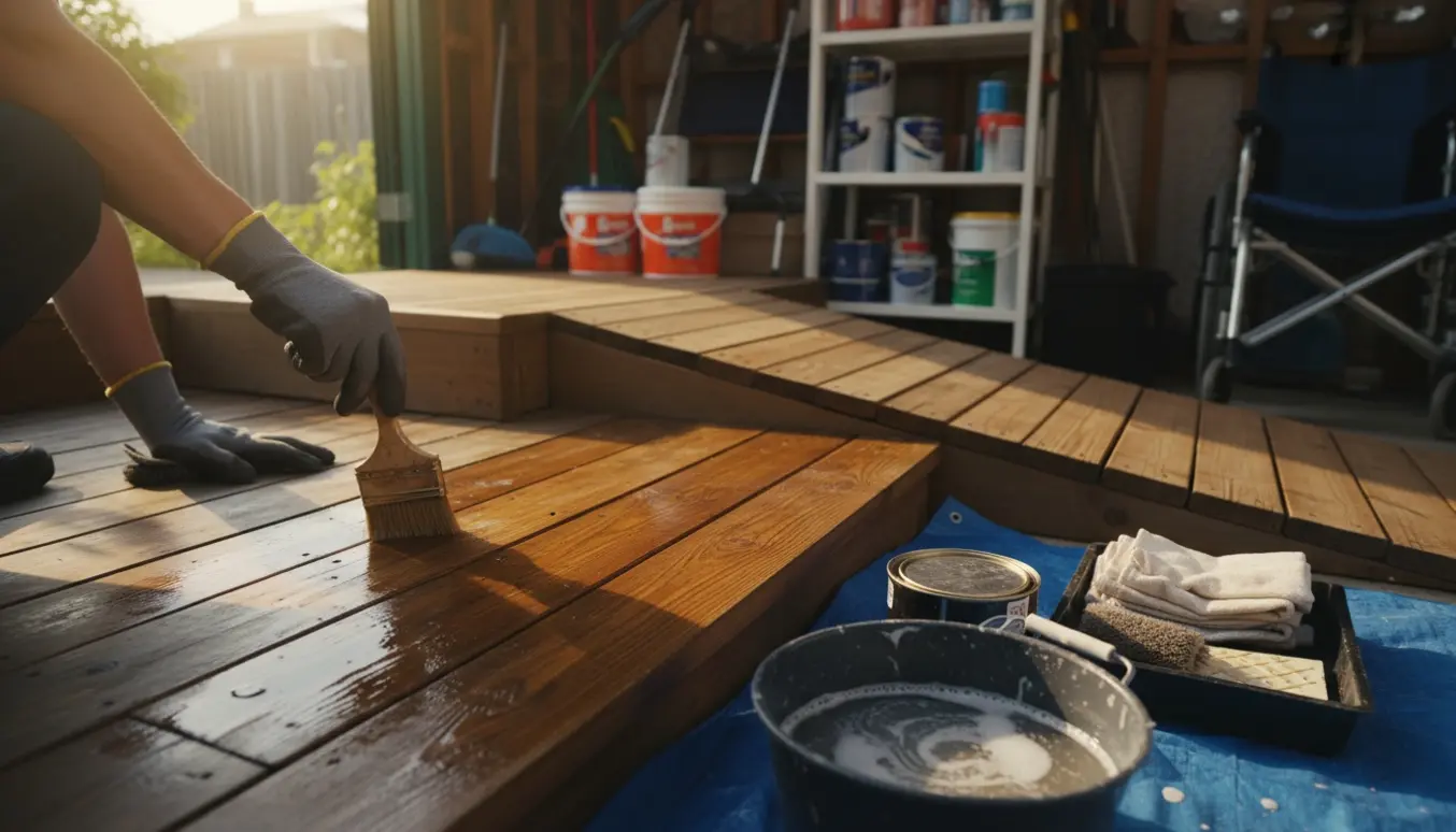 Nærbillede af handskerklædte hænder, der påfører træolie på terrasse- og rampebrædder ved indgangen.