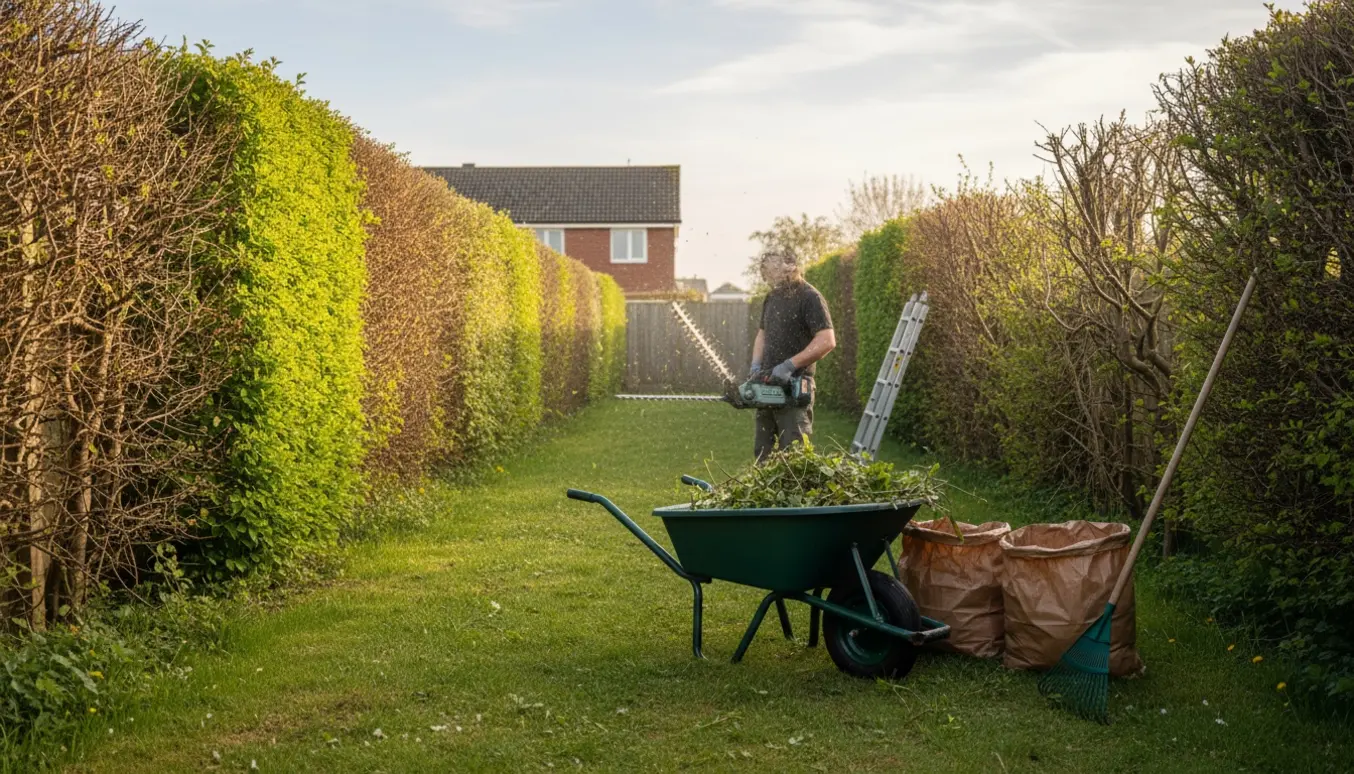 En forårshave hvor en hæk klippes, med afklip i en trillebør og affaldssække klar til bortskaffelse.