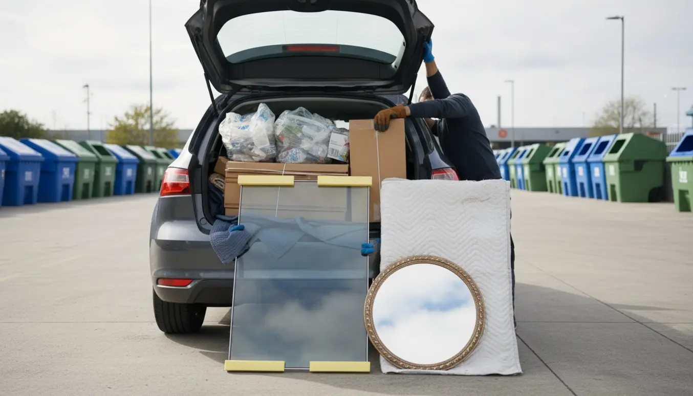 Bil ved en genbrugsplads med åben bagagerum fyldt med pap, plastikposer, en lang glasskive og indpakkede spejle klar til aflevering.