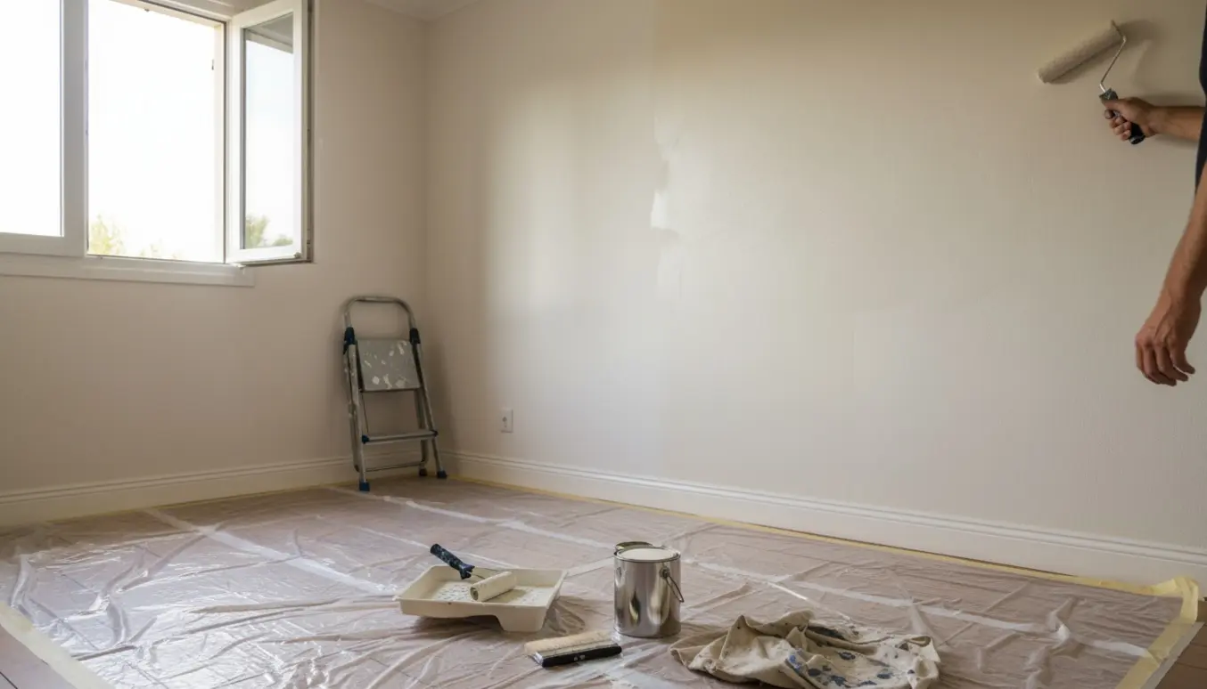 Et nymalet anneks på cirka 20 m² med afdækket gulv, malerbøtte og rulle, og hænder i gang med at male væggen.