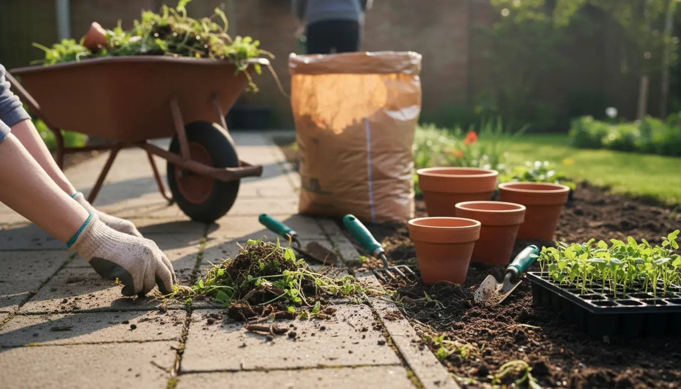 Hænder i havehandsker fjerner ukrudt mellem fliser i en lille have med trillebør og plantepotter klar til tilplantning.