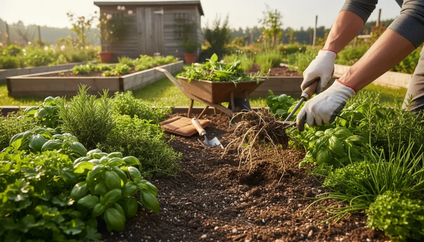 Hænder trækker ukrudt op i en rummelig urtehave med rækker af krydderurter og en trillebør fyldt med grønt affald.