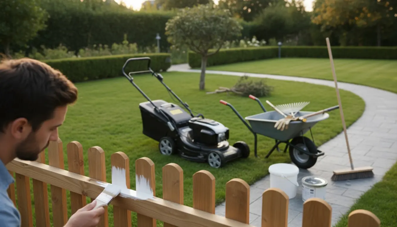 En havehjælper maler et hegn og slår græs ved et velholdt hus, omgivet af haveredskaber og nyklippede hække.