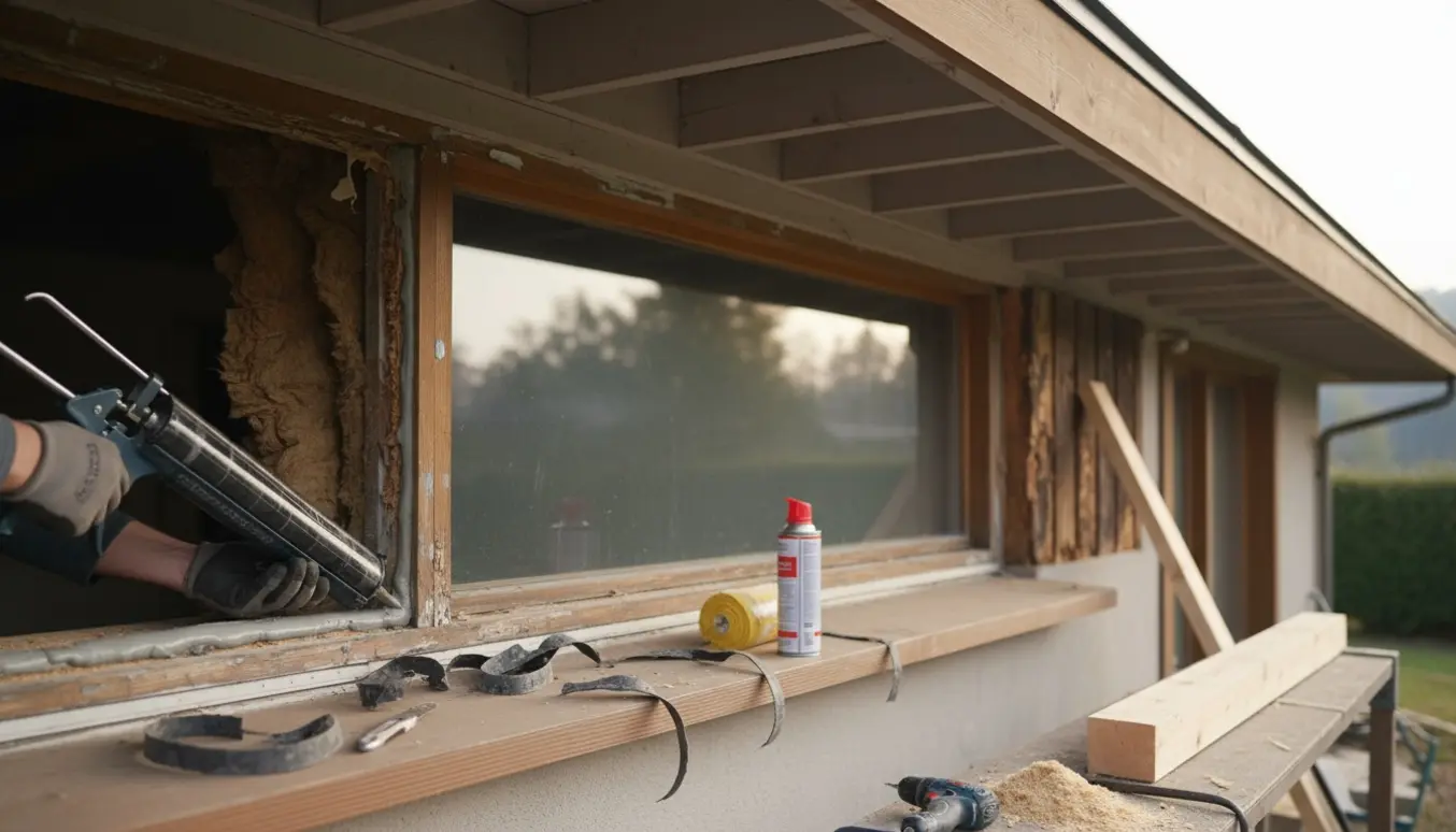 Udhæng og vindue hvor gamle fuger fjernes og en rådskadet bjælke udskiftes, med værktøj og isolering klar.