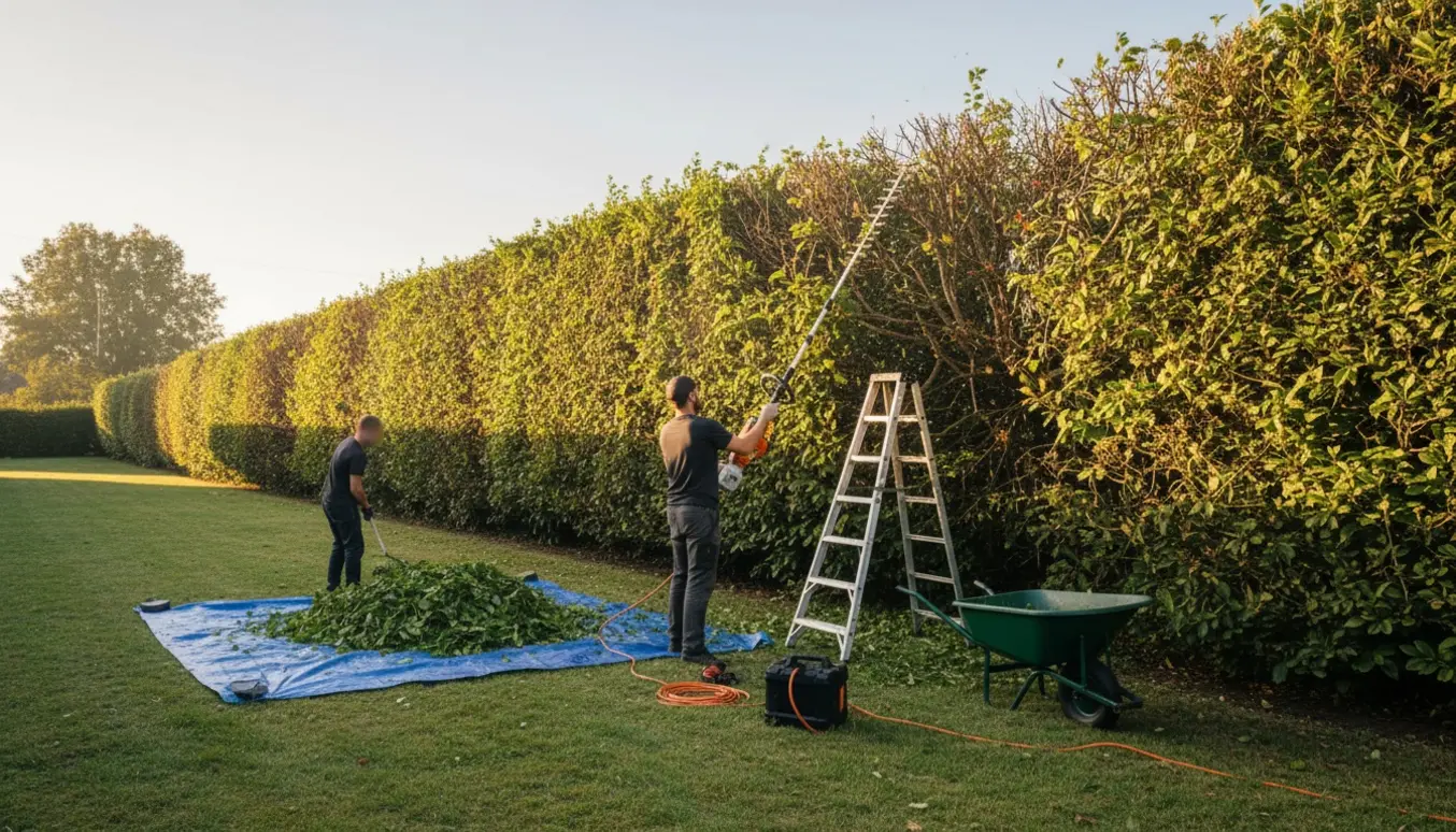 Lang, høj gammel hæk klippes med langrækkende hækkeklipper og stige, mens afklip samles i en rulletrillebør.