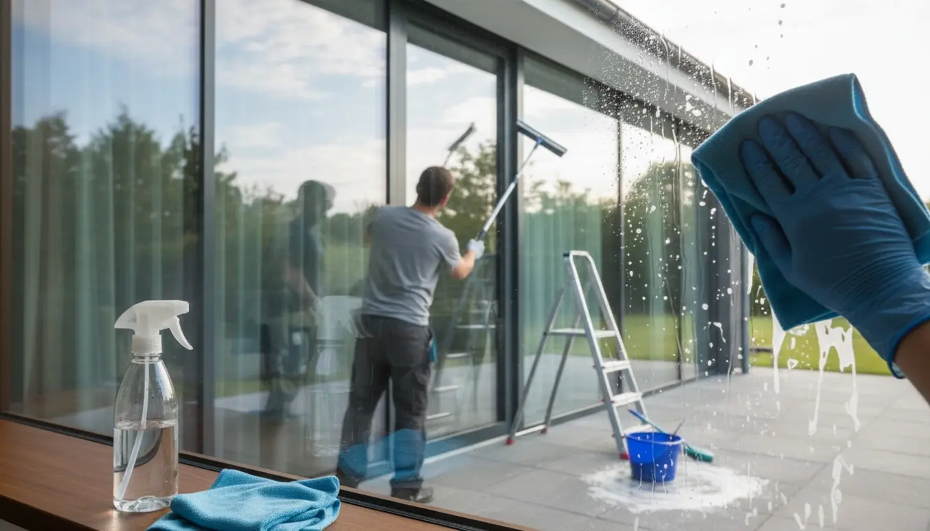 Nærbillede af indvendig og udvendig vinduespudsning på glasfacade og terrassedør med klud og teleskopskraber.