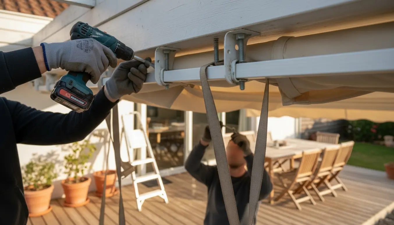 To personer fjerner en markise ved at løsne beslag under et malet træudhæng med værktøj.