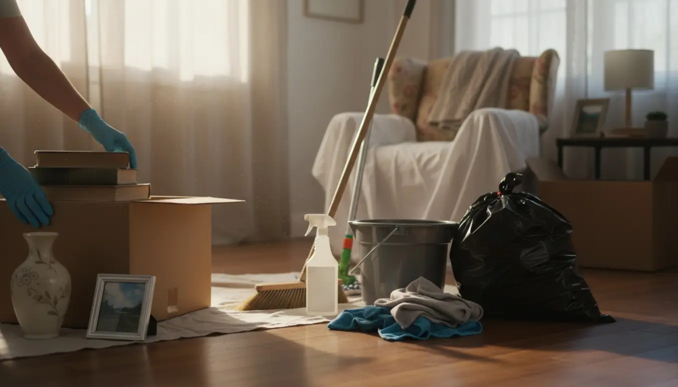 Hænder med handsker pakker genstande i kasser og rengør et hjem efter dødsfald i blødt morgenlys.