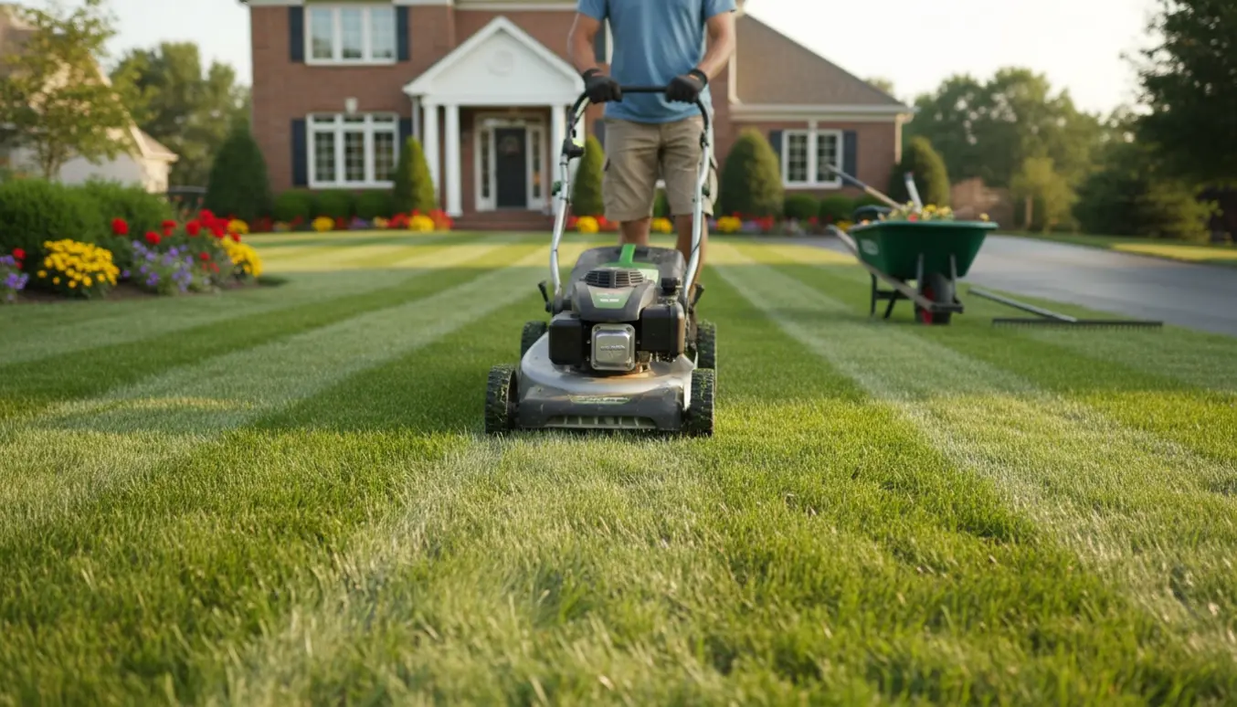 En person slår græsset på en velholdt forhave, hvor plæneklipperen efterlader jævne striber foran huset.