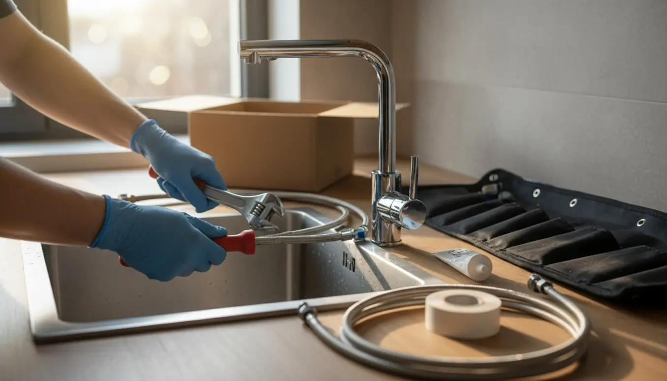 Nærbillede af udskiftning af en køkkenvandhane med værktøj på bordet.