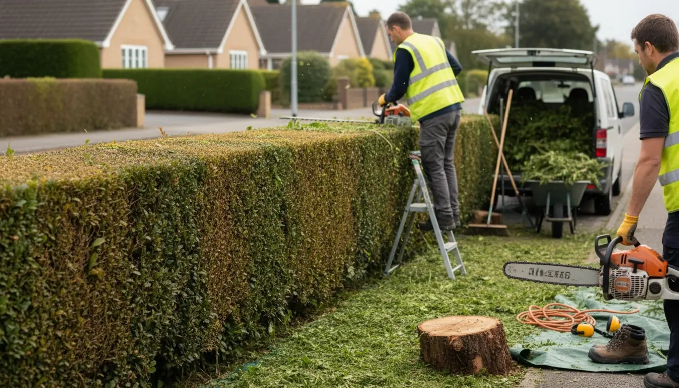 Lang hæk ved fortov bliver professionelt klippet med benzinhækkeklipper og motorsav, mens afklip samles til bortkørsel.